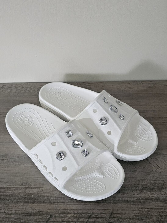 CROCS Shoes - Crocs Adult Baya II Slide Sandals White Women 8 Men 6 Rhinestone Charms Slides